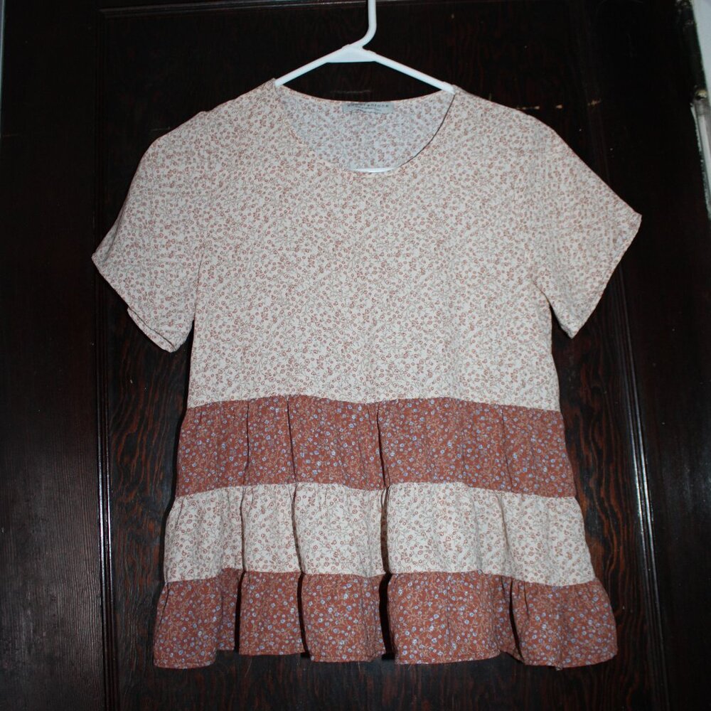 Anthropologie Paper Crane Cream Orange Floral Tiered Bohemian Short Sleeve Top
